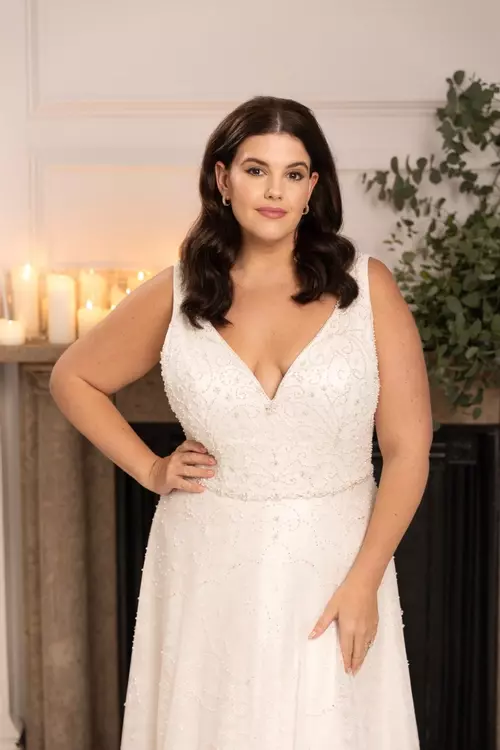 Mila Vintage Inspired Beaded Wedding Dress with Cape True Curves